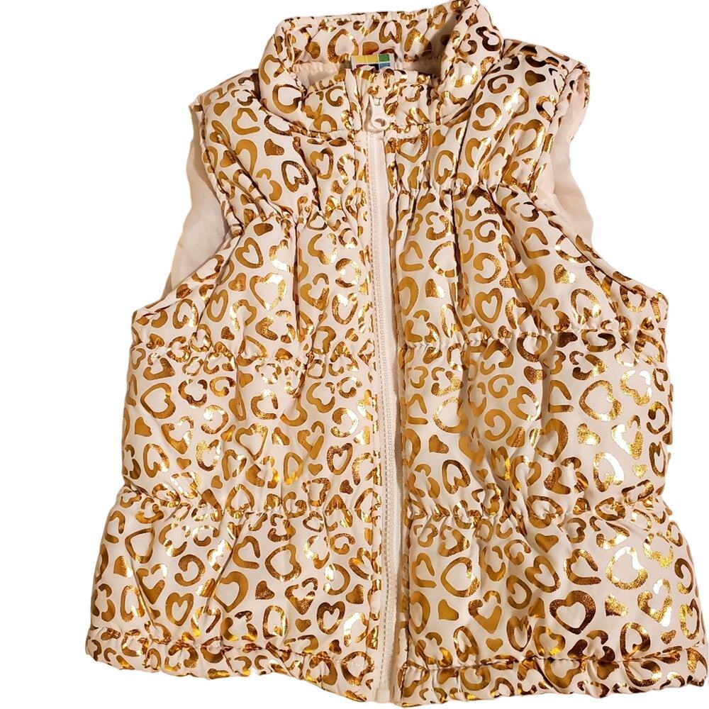 Girls Sz 3T HEALTHTEX Toddler Cream Gold Foil Hearts Puffer Vest